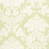 Tierni Damask wallpaper in celery green and white by Schumacher, featuring a classic damask pattern.