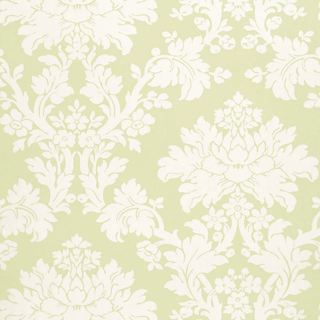Tierni Damask wallpaper in celery green and white by Schumacher, featuring a classic damask pattern.