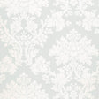 Tierni Damask wallpaper in Robin's Egg by Schumacher, featuring a classic damask pattern in soft blue and white.