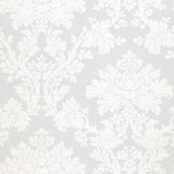 Tierni Damask wallpaper in Robin's Egg by Schumacher, featuring a classic damask pattern in soft blue and white.