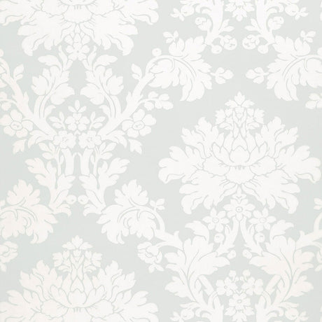 Tierni Damask wallpaper in Robin's Egg by Schumacher, featuring a classic damask pattern in soft blue and white.