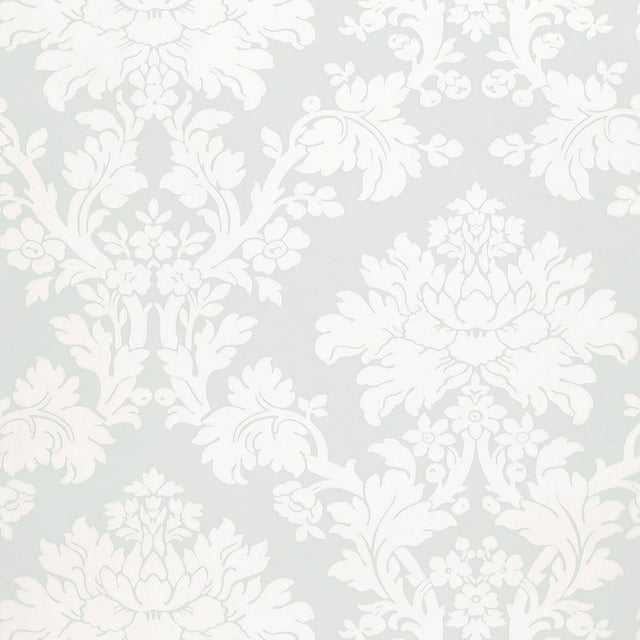 Tierni Damask wallpaper in Robin's Egg by Schumacher, featuring a classic damask pattern in soft blue and white.