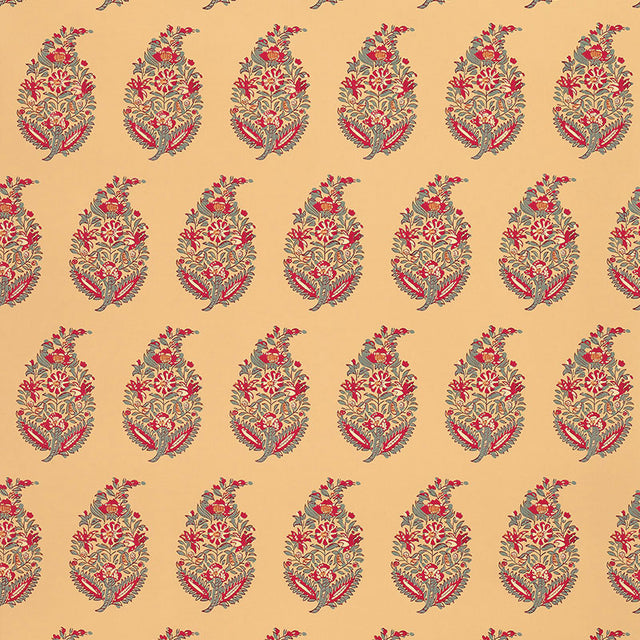 Rajasthan Paisley Jewel wallpaper by Schumacher featuring a traditional paisley motif in vibrant jewel tones on a warm background.