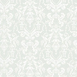 LIDO DAMASK wallpaper in Haze by Schumacher, classic damask pattern in soft pale blue and white.