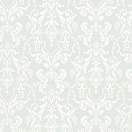 LIDO DAMASK wallpaper in Haze by Schumacher, classic damask pattern in soft pale blue and white.