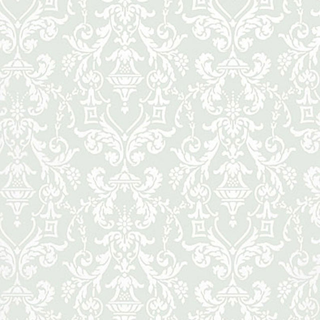 LIDO DAMASK wallpaper in Haze by Schumacher, classic damask pattern in soft pale blue and white.