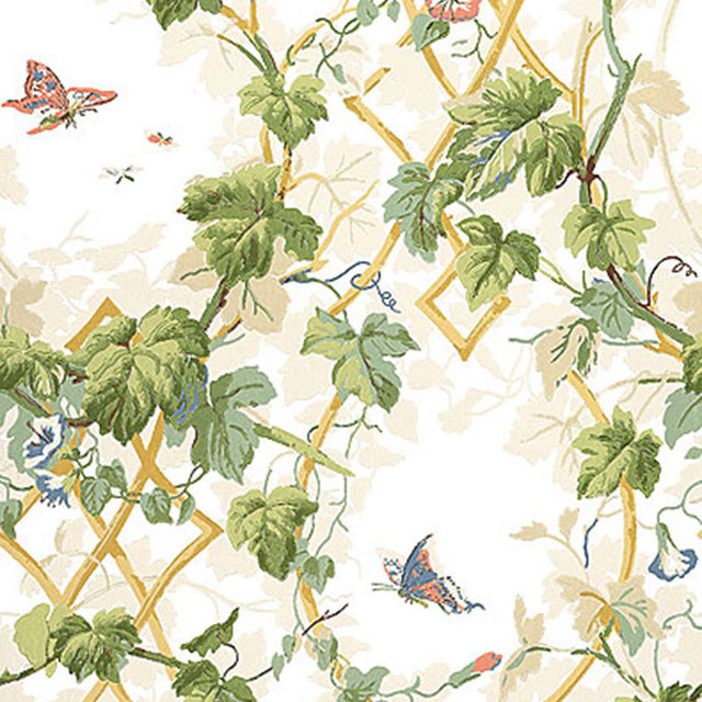 Leafy Arbor wallpaper in cream with green leafy vines and butterflies on a trellis background