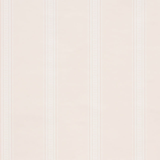 Lorraine Stripe Blush wallpaper by Schumacher, designed by Matthew Patrick Smyth. Classic three-color stripe pattern in blush pink.