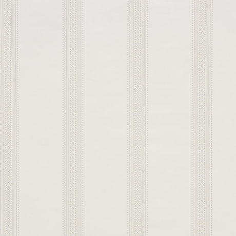 Lorraine Stripe wallpaper in Linen by Schumacher, a classic three-color stripe design with refined antique-inspired details.