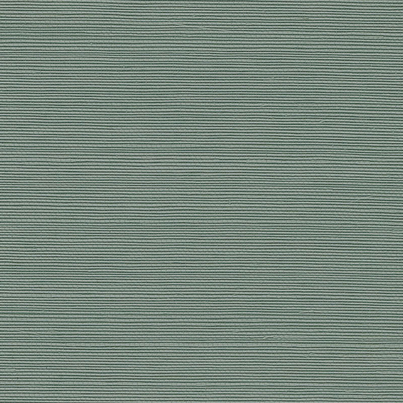 Haruki Sisal Nile wallpaper by Schumacher, textured green sisal wallcovering sample and styled interior view.
