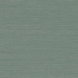 Haruki Sisal Nile wallpaper by Schumacher, textured green sisal wallcovering sample and styled interior view.
