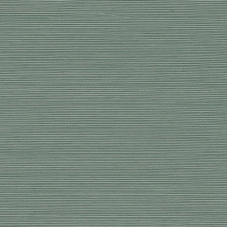 Haruki Sisal Nile wallpaper by Schumacher, textured green sisal wallcovering sample and styled interior view.