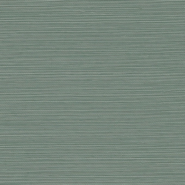 Haruki Sisal Nile wallpaper by Schumacher, textured green sisal wallcovering sample and styled interior view.
