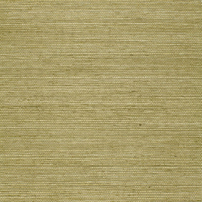 Olive green sisal textured wallpaper from Schumacher's Essential Collection, shown in close-up and styled in a modern interior.