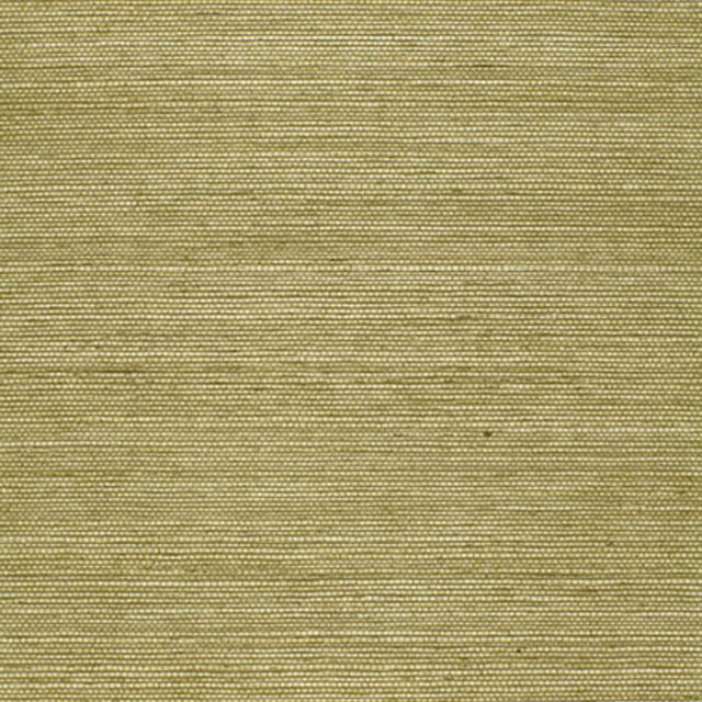 Olive green sisal textured wallpaper from Schumacher's Essential Collection, shown in close-up and styled in a modern interior.