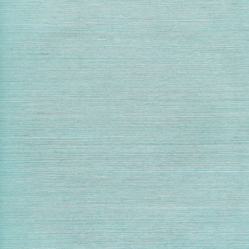 Haruki Sisal Caribbean wallpaper by Schumacher, textured blue-green sisal wallcovering sample and styled interior view.