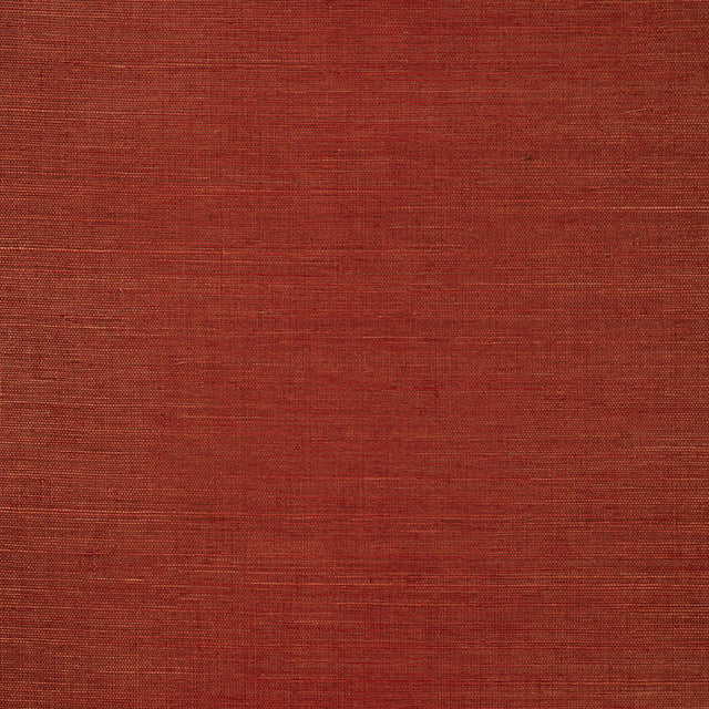 Haruki Sisal Garnet wallcovering by Schumacher, textured red sisal wallpaper sample and styled interior view.
