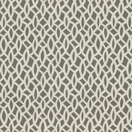 Chain Link Charcoal geometric wallpaper by Schumacher, interlocking white pattern on dark background