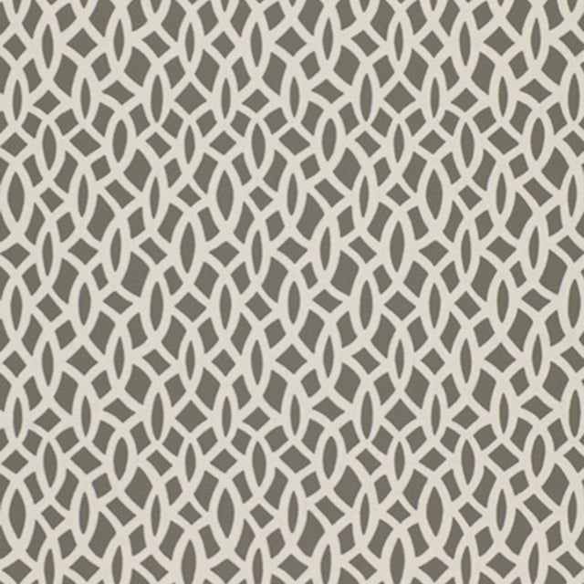 Chain Link Charcoal geometric wallpaper by Schumacher, interlocking white pattern on dark background