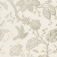 BALI VINE Platinum by Schumacher - Modern Nature Collection, hand-screened wallpaper with botanical and bird motifs in platinum on cream.