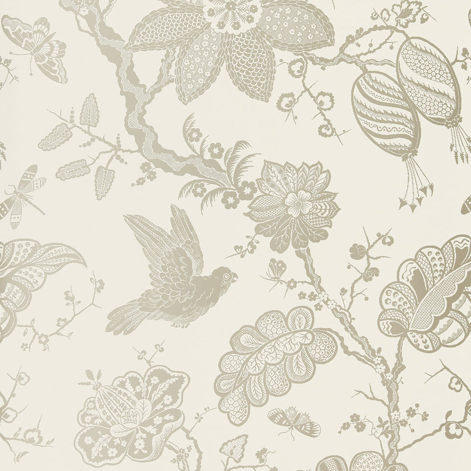 BALI VINE Platinum by Schumacher - Modern Nature Collection, hand-screened wallpaper with botanical and bird motifs in platinum on cream.