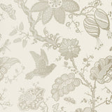 BALI VINE Platinum by Schumacher - Modern Nature Collection, hand-screened wallpaper with botanical and bird motifs in platinum on cream.
