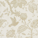 BALI VINE Sandstone wallpaper by Schumacher featuring a hand-screened botanical and bird pattern in neutral tones.