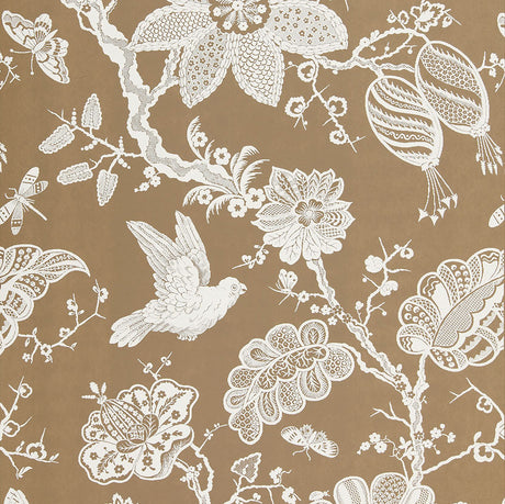 Bali Vine Mocha wallpaper by Schumacher featuring a hand-screened botanical and bird pattern in mocha and white.