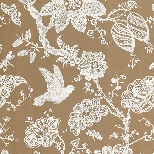 Bali Vine Mocha wallpaper by Schumacher featuring a hand-screened botanical and bird pattern in mocha and white.