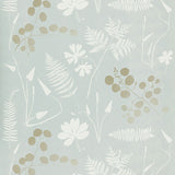 Modern Botanical wallpaper in Slate by Schumacher featuring hand-screened botanical silhouettes in neutral and white on a soft blue background.