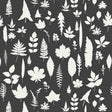 Leaves wallpaper in graphite by Schumacher featuring white botanical leaf silhouettes on a dark background.