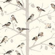 A-TWITTER wallpaper in WINTER by Schumacher, featuring whimsical birds perched on tree branches in a neutral color palette.