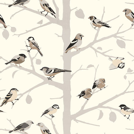A-TWITTER wallpaper in WINTER by Schumacher, featuring whimsical birds perched on tree branches in a neutral color palette.