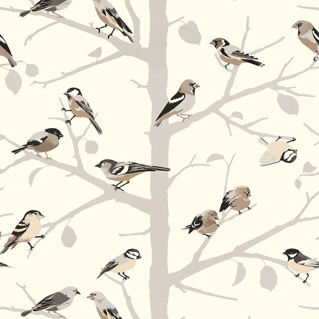 A-TWITTER wallpaper in WINTER by Schumacher, featuring whimsical birds perched on tree branches in a neutral color palette.