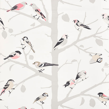 A-TWITTER wallpaper in blush by Schumacher featuring whimsical birds perched on branches in a modern nature-inspired design.
