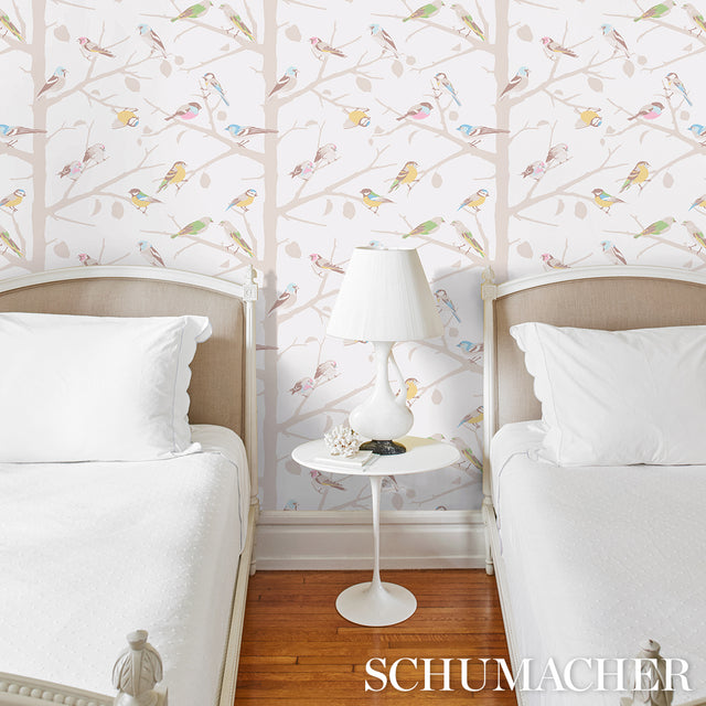 A-TWITTER Soft Multi by Schumacher Whimsical Bird Wallpaper – Schumacher 5005033