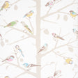 A-TWITTER wallpaper in Soft Multi by Schumacher featuring colorful birds perched on neutral tree branches, shown in a bright, airy room setting.