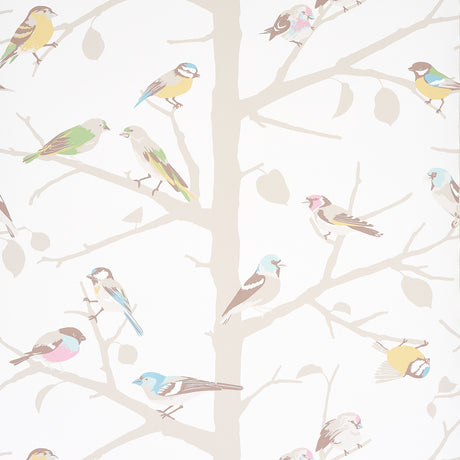 A-TWITTER wallpaper in Soft Multi by Schumacher featuring colorful birds perched on neutral tree branches, shown in a bright, airy room setting.