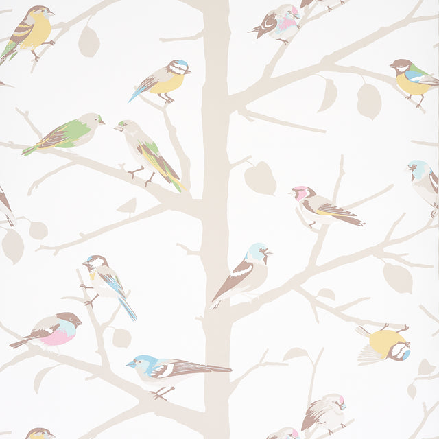A-TWITTER wallpaper in Soft Multi by Schumacher featuring colorful birds perched on neutral tree branches, shown in a bright, airy room setting.