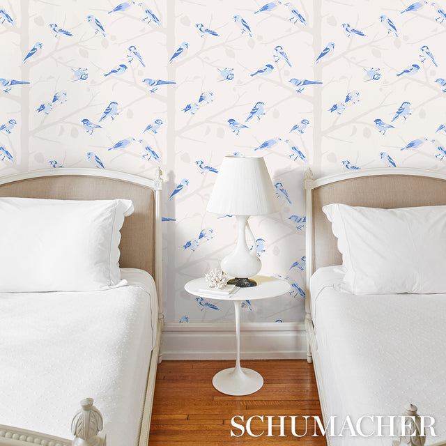 A-TWITTER Blues by Schumacher Whimsical Blue Bird Wallpaper – Schumacher 5005034