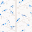 A-TWITTER wallpaper in blues by Schumacher featuring whimsical blue birds perched on branches, shown in a bright, airy bedroom setting.
