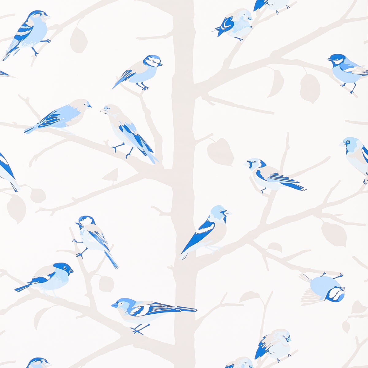A-TWITTER wallpaper in blues by Schumacher featuring whimsical blue birds perched on branches, shown in a bright, airy bedroom setting.