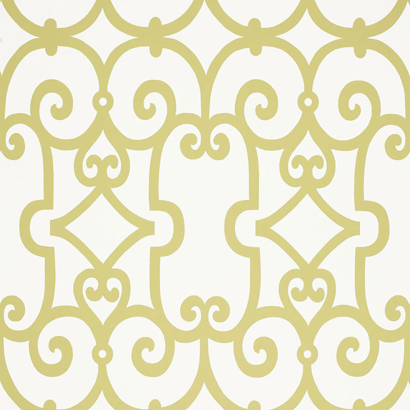 Manor Gate Aloe wallpaper by Schumacher featuring a modern scrollwork geometric pattern in light green and white.