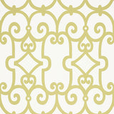 Manor Gate Aloe wallpaper by Schumacher featuring a modern scrollwork geometric pattern in light green and white.