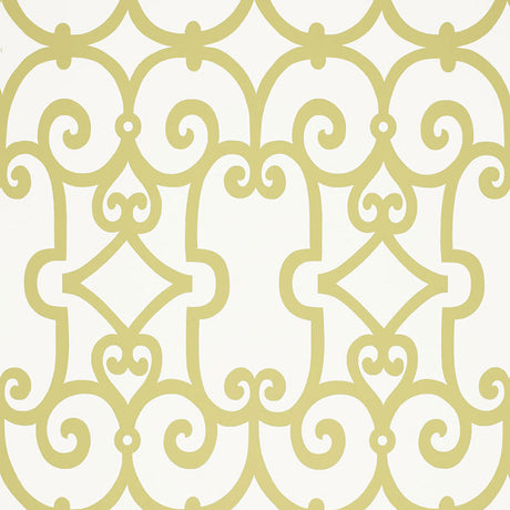 Manor Gate Aloe wallpaper by Schumacher featuring a modern scrollwork geometric pattern in light green and white.