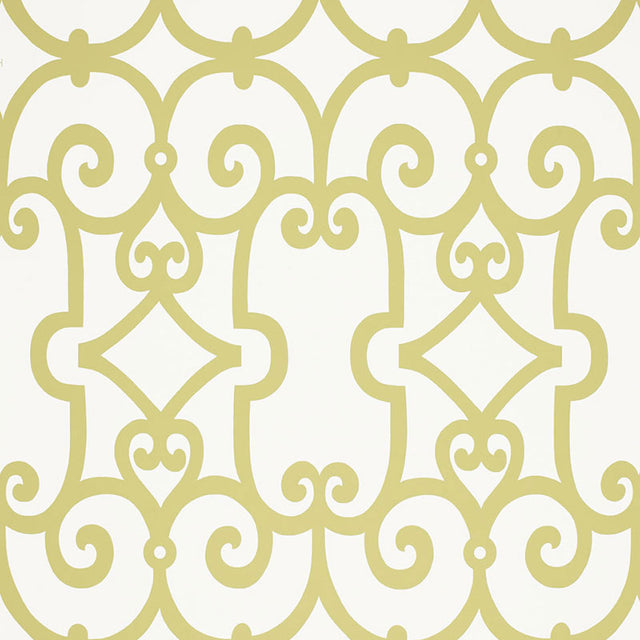 Manor Gate Aloe wallpaper by Schumacher featuring a modern scrollwork geometric pattern in light green and white.