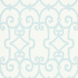 Manor Gate wallpaper in Mineral by Schumacher, featuring a modern scrollwork pattern in soft blue on white.