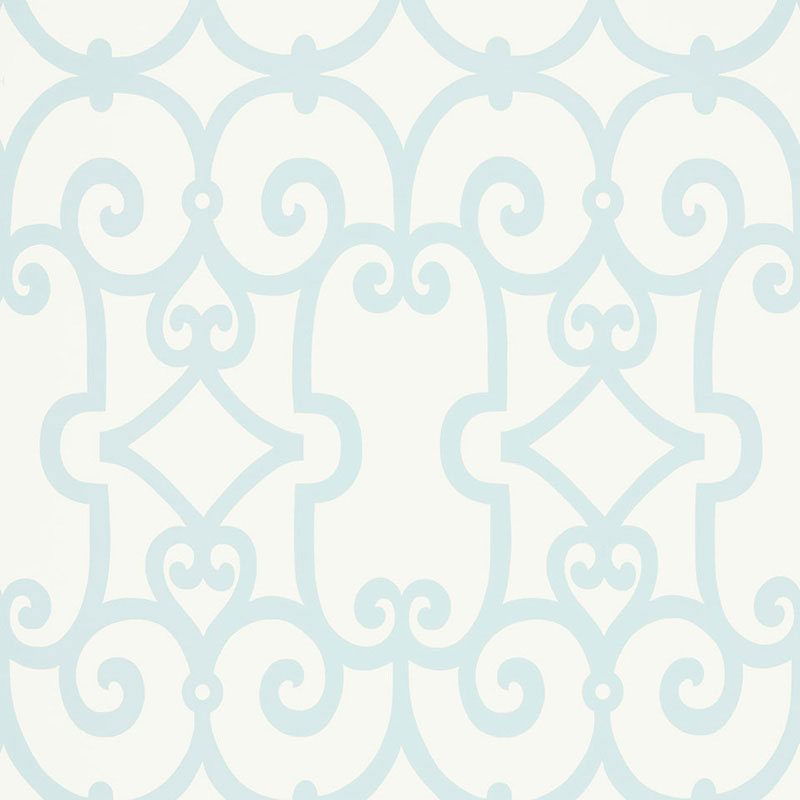 Manor Gate wallpaper in Mineral by Schumacher, featuring a modern scrollwork pattern in soft blue on white.