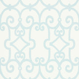 Manor Gate wallpaper in Mineral by Schumacher, featuring a modern scrollwork pattern in soft blue on white.