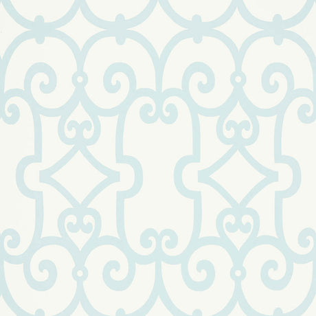 Manor Gate wallpaper in Mineral by Schumacher, featuring a modern scrollwork pattern in soft blue on white.